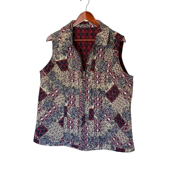 Quilted Reversible Full Zip Blue Red Paisley & Diagonal Plaid Women's Vest L - Picture 3 of 15